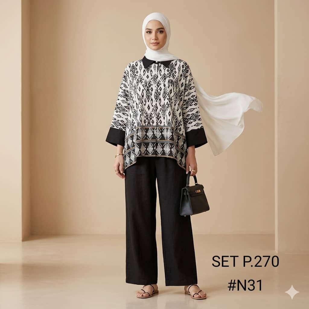 Naablus Women's Modest Cotton Linen 2 Piece Suit | Artwork Malaysian Batik Print Co-Ord Set for Work & Casual Wear (Black)