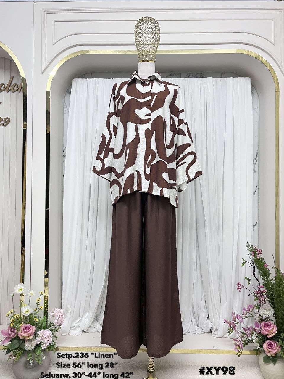 Areeha Women's Modest Cotton Linen 2 Piece Suit | Abstract Artwork Design Co-Ord Set for Work & Casual Wear (Dark Brown)