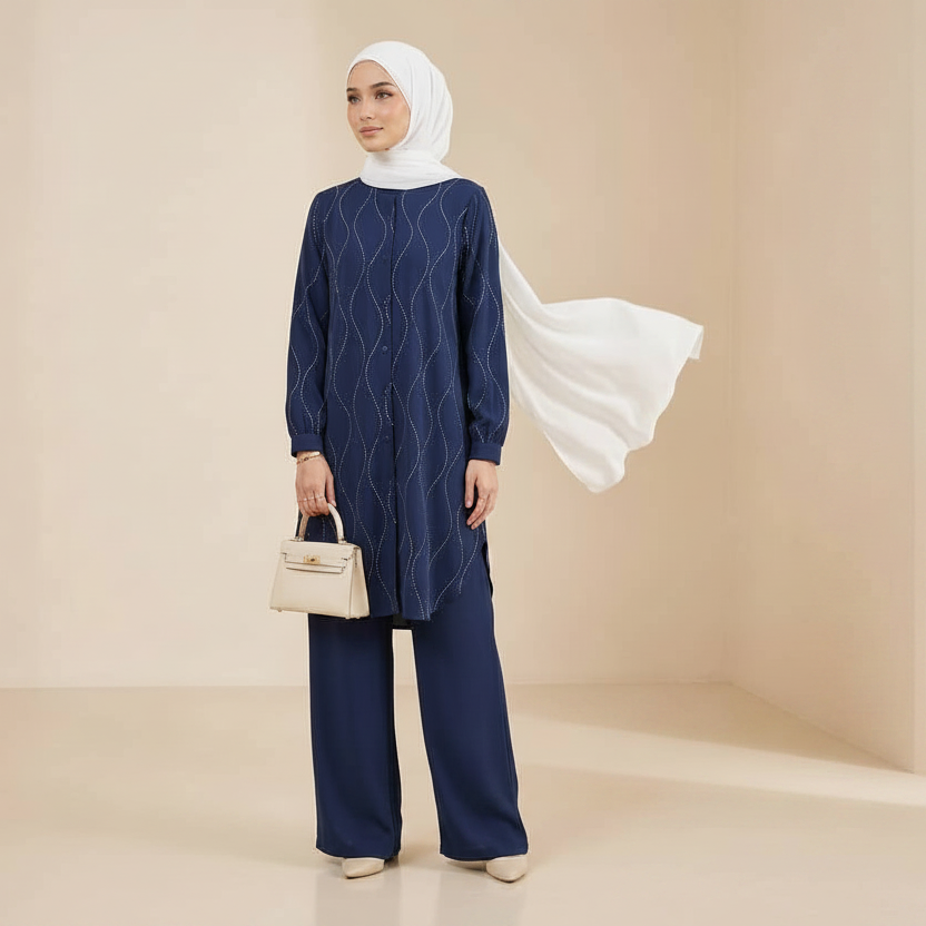 A woman modeling a navy blue two-piece set with a subtle wavy pattern, paired with a white hijab and a small cream handbag, set against a beige studio background.