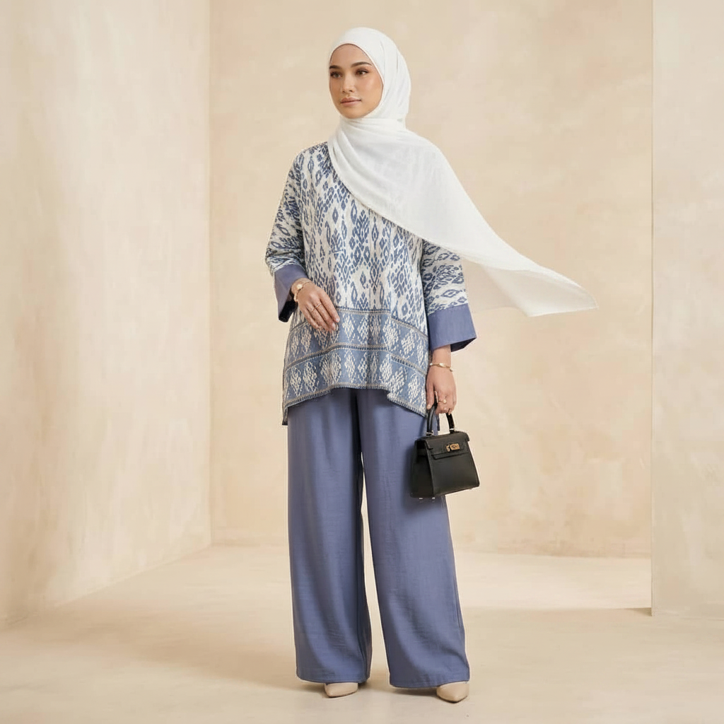 Naablus Women's Modest Cotton Linen 2 Piece Suit | Artwork Malaysian Batik Print Co-Ord Set for Work & Casual Wear (Light blue)