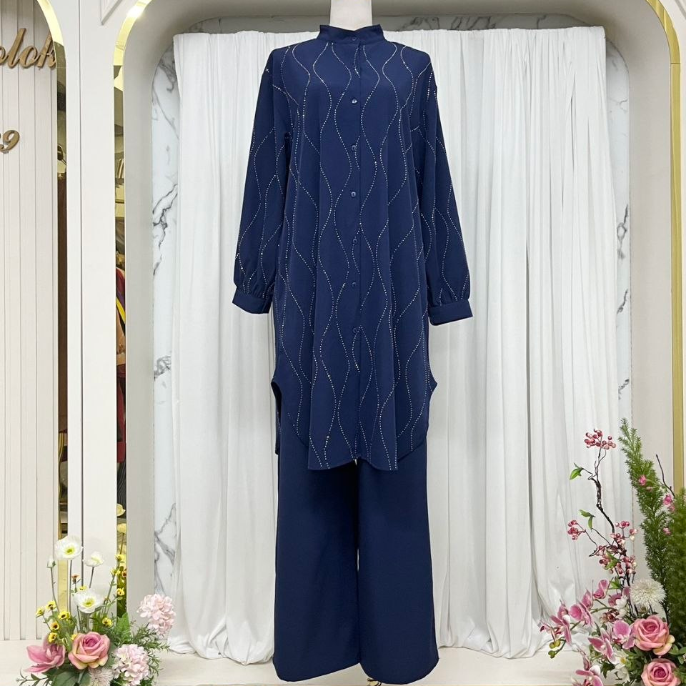 Ummul Fahm Women's Medium Length 2 Piece Co-Ord Set with Beadwork (Navy Blue)