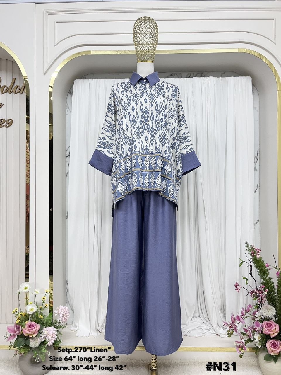 Naablus Women's Modest Cotton Linen 2 Piece Suit | Artwork Malaysian Batik Print Co-Ord Set for Work & Casual Wear (Light blue)