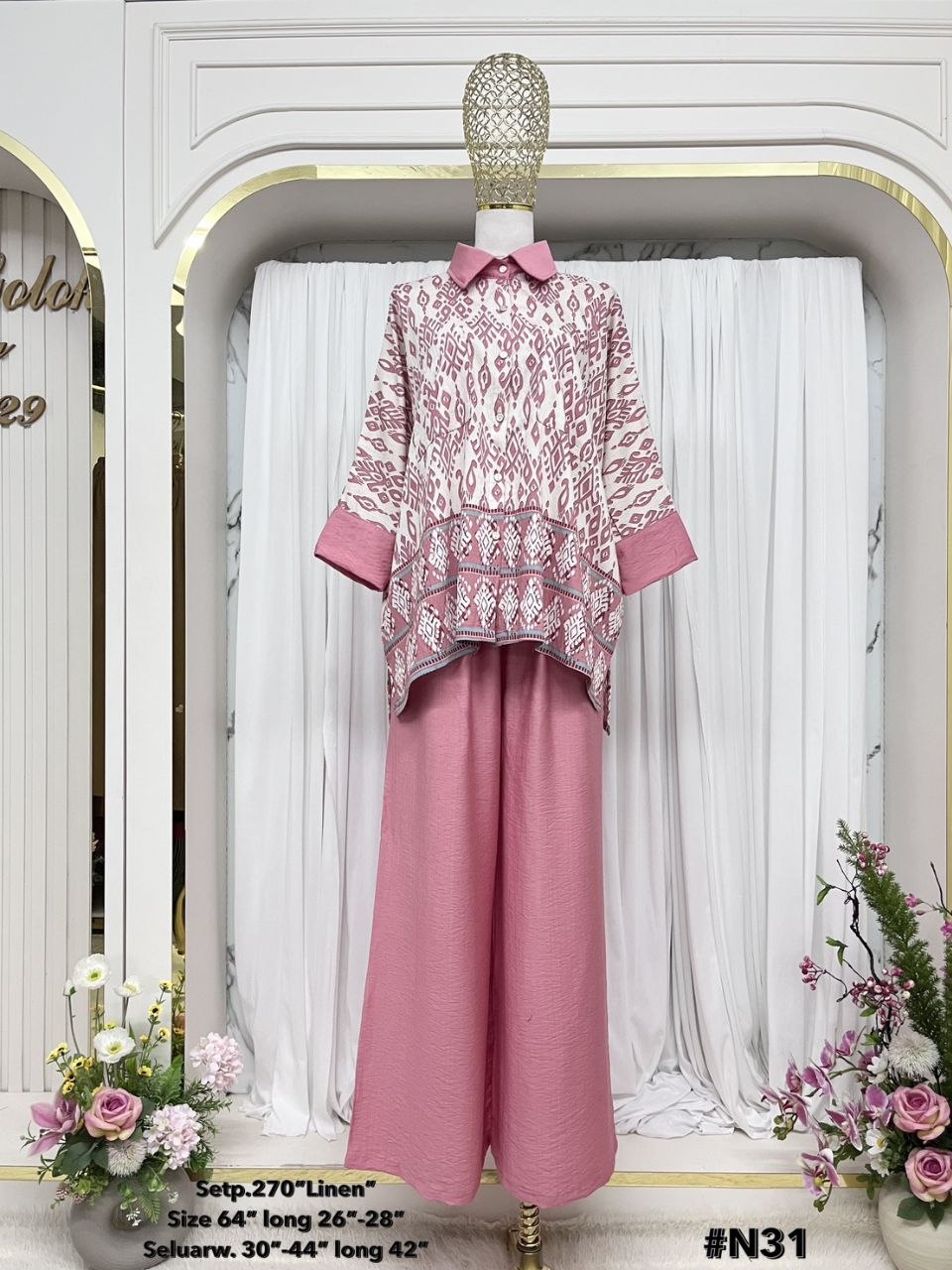Naablus Women's Modest Cotton Linen 2 Piece Suit | Artwork Malaysian Batik Print Co-Ord Set for Work & Casual Wear (Baby pink)