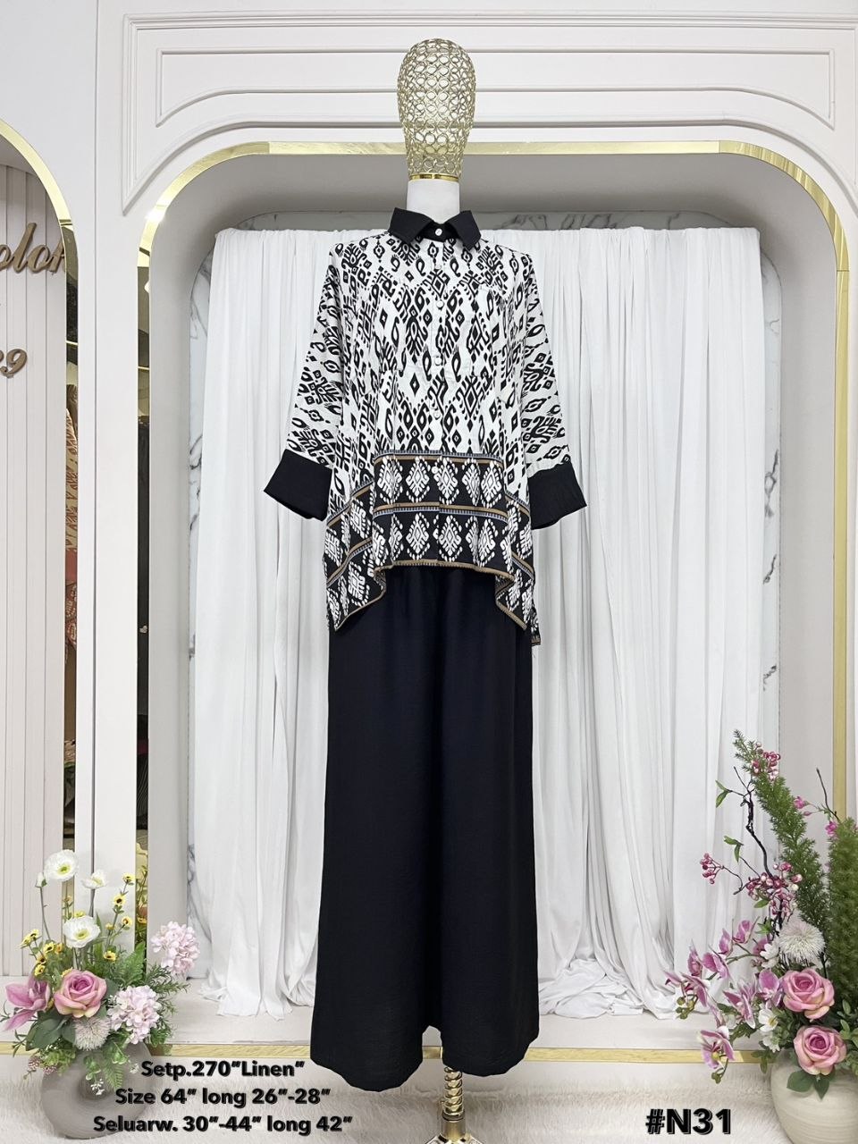 Naablus Women's Modest Cotton Linen 2 Piece Suit | Artwork Malaysian Batik Print Co-Ord Set for Work & Casual Wear (Black)