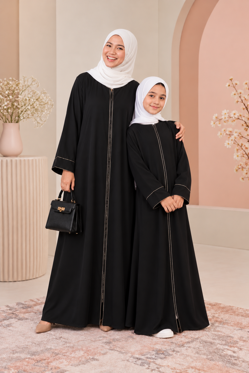 Mom & daughter Aeisha Essential Classic daily zipped - fully opened front abaya