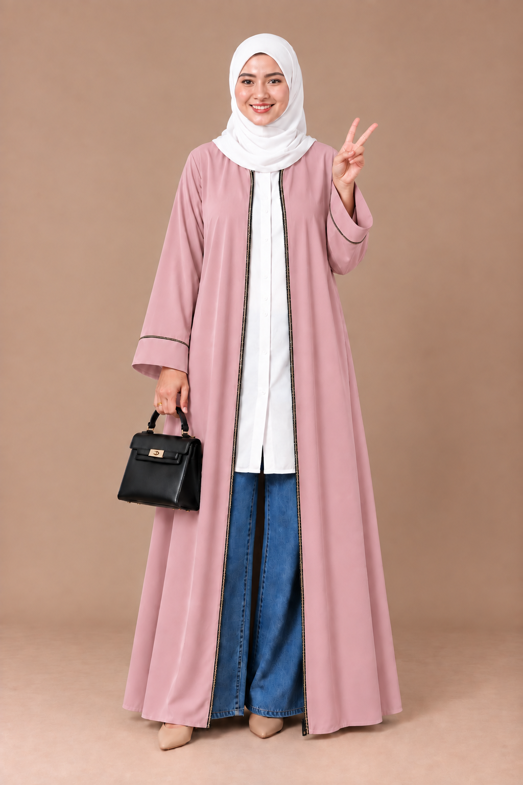 Mom & daughter Aeisha Essential Classic daily zipped - fully opened front abaya