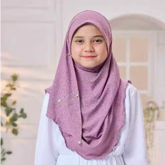 Noor Instant Ironless Kids Hijab with pearl and elastic chin (M size) Dark Lavender