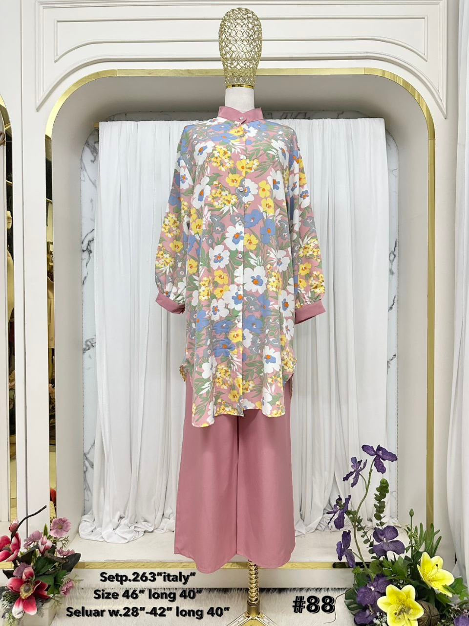 Beesan Medium Length Women's Modest Italy Crepe 2 Piece Suit | Floral Print Co-Ord Set for Work & Casual Wear (Light pink)