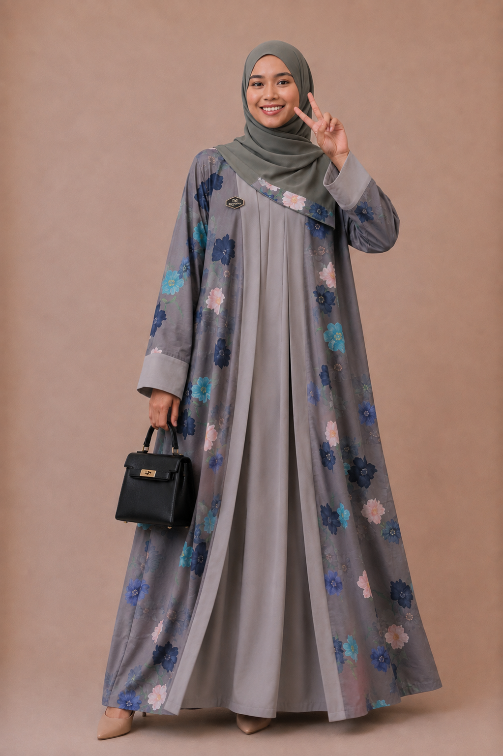 Ameena floral print 2 piece set abaya with front opening