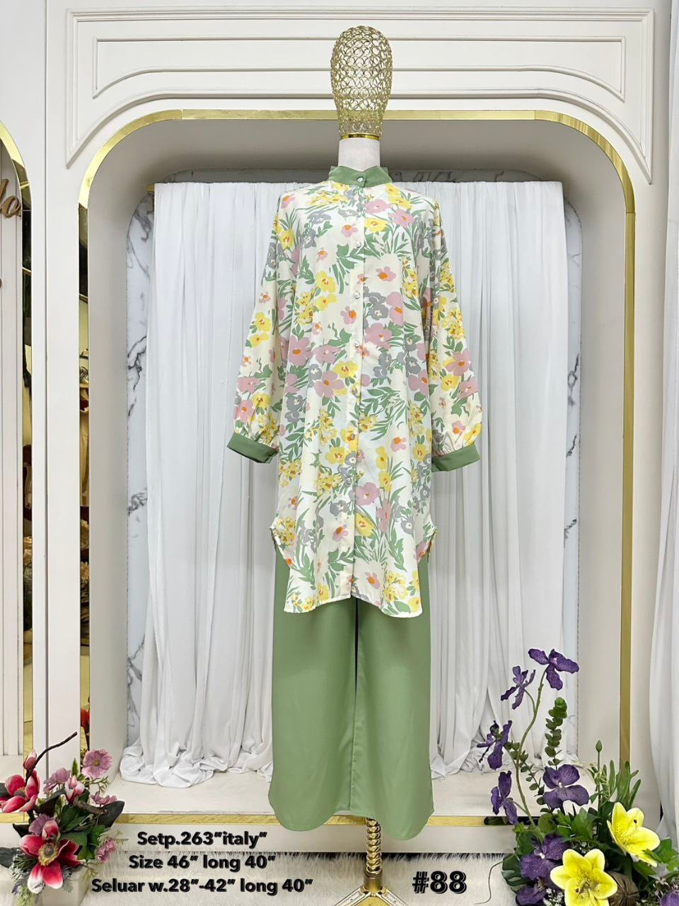 Beesan Medium Length Women's Modest Italy Crepe 2 Piece Suit | Floral Print Co-Ord Set for Work & Casual Wear (Light Green)