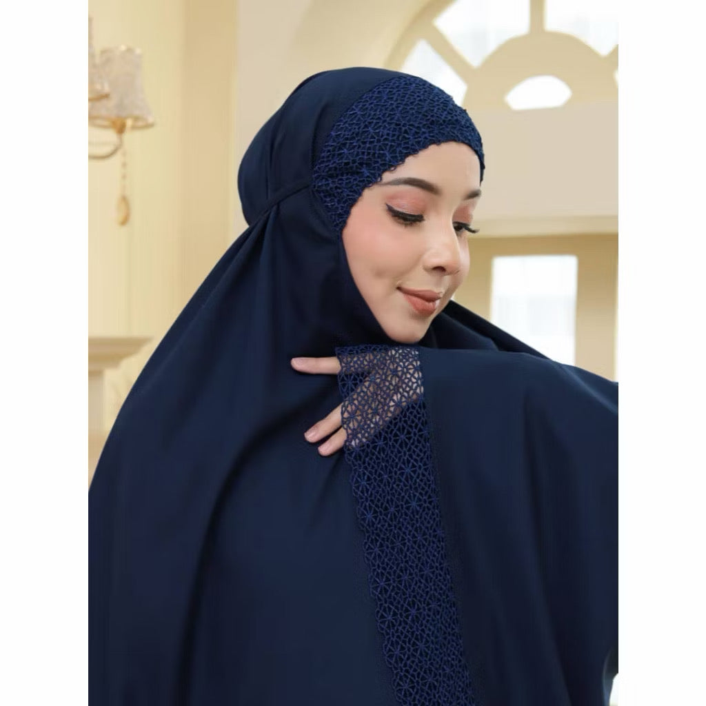 Prayer Clothes for Muslim Women - 2 Pcs Dress & Headscarf Set with Lace Detailing Modest