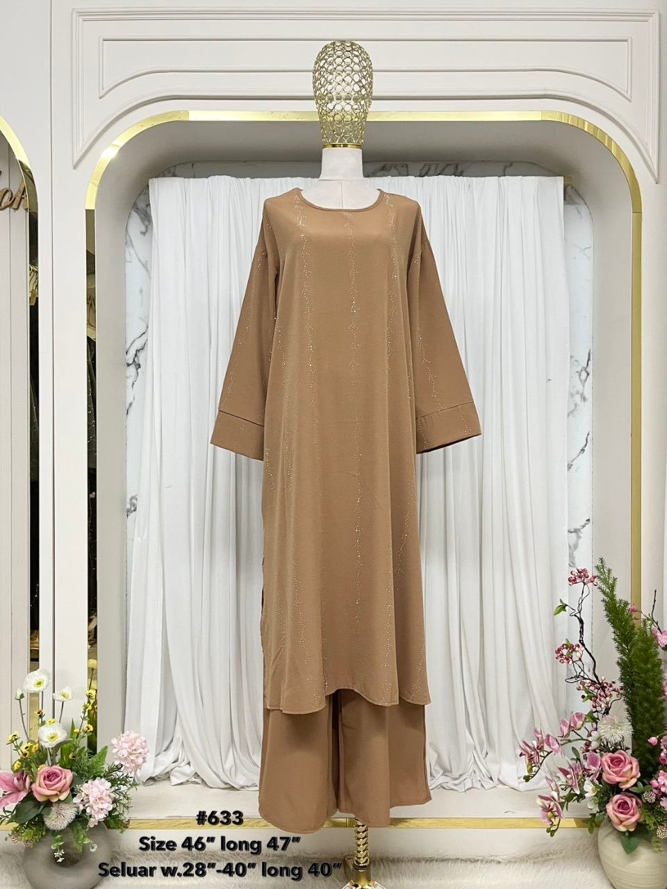 Yumna Women's Long Length 2 Piece Co-Ord Set with Beadwork (Brown)