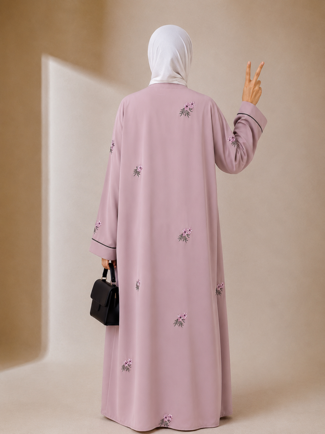 Islamic Modest Floral Embroidered Zip Front open Abaya for Women with beadworks - Light Pink