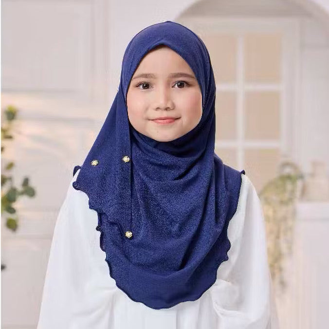 Noor Instant Ironless Kids Hijab with pearl and elastic chin (S size) Navy