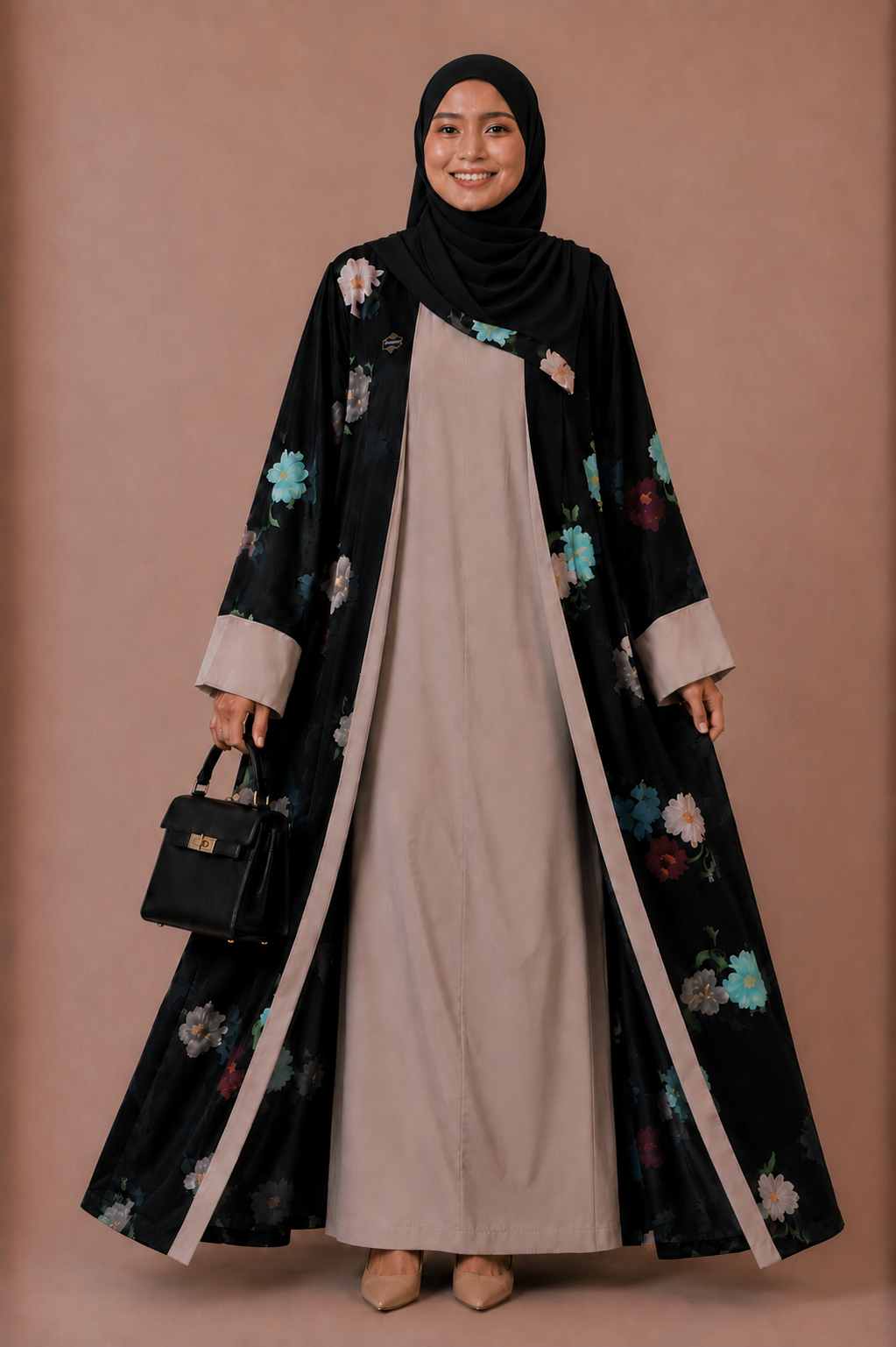 Ameena floral print 2 piece set abaya with front opening