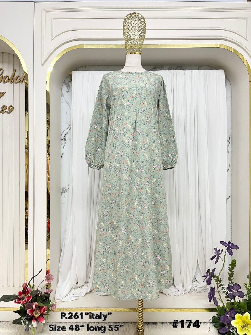 Jenin Modest Abaya Floral Print with front zipper Italian crepe (Pastel Green)