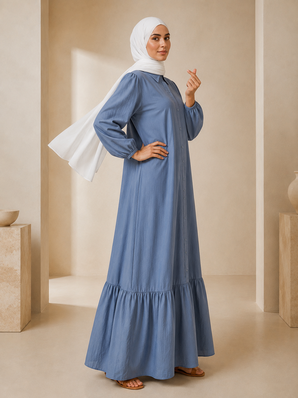 Hayfa Buttoned Premium Modest Cotton Linen Dress Breathable Long Sleeve Loose Fit Maxi Dress Sky Blue