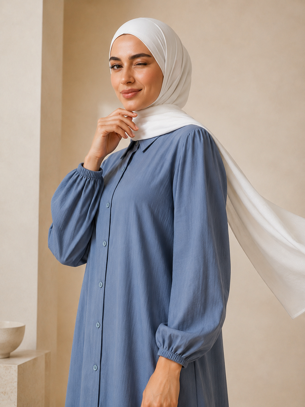 Hayfa Buttoned Premium Modest Cotton Linen Dress Breathable Long Sleeve Loose Fit Maxi Dress Sky Blue