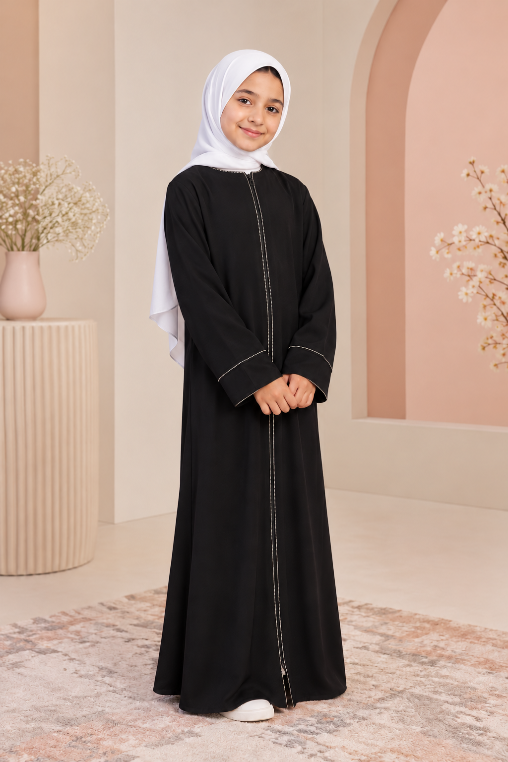 Essential daily girls abaya with zipper . Front opens
