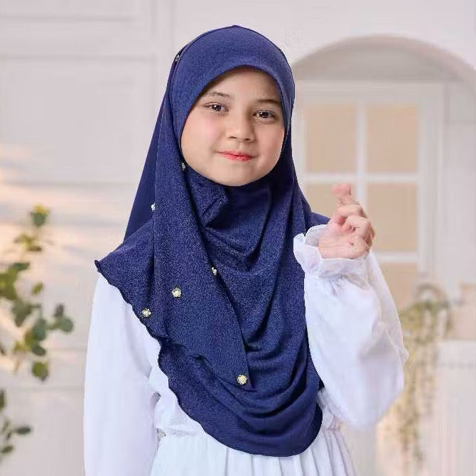 Noor Instant Ironless Kids Hijab with pearl and elastic chin (M size) Navy