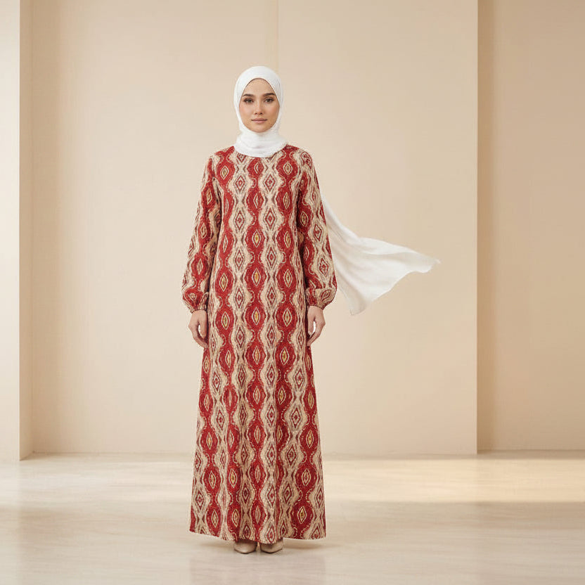 Yaafa Modest Abaya Malaysian Batik Print with front zipper (Dark Red)