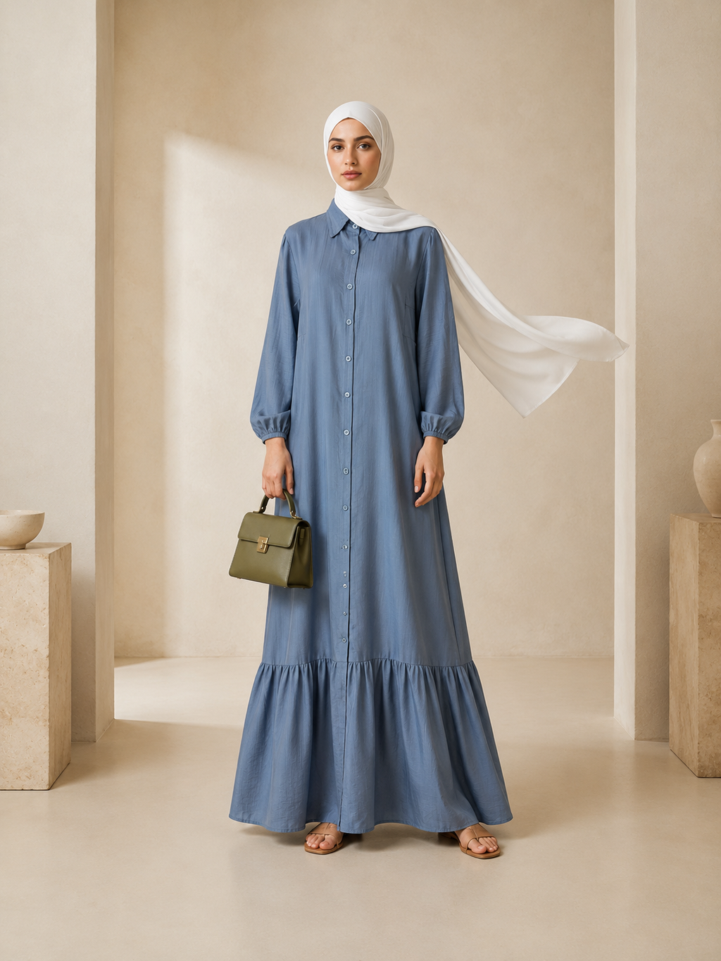Hayfa Buttoned Premium Modest Cotton Linen Dress Breathable Long Sleeve Loose Fit Maxi Dress Sky Blue