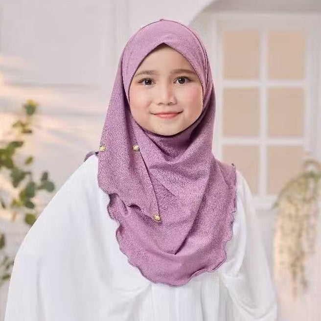 Noor Instant Ironless Kids Hijab with pearl and elastic chin (S size) Dark Lavender