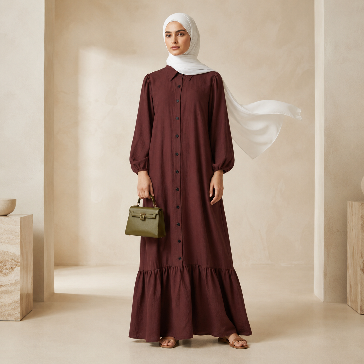 Hayfa Buttoned Premium Modest Cotton Linen Dress Breathable Long Sleeve Loose Fit Maxi Dress Rich Brown