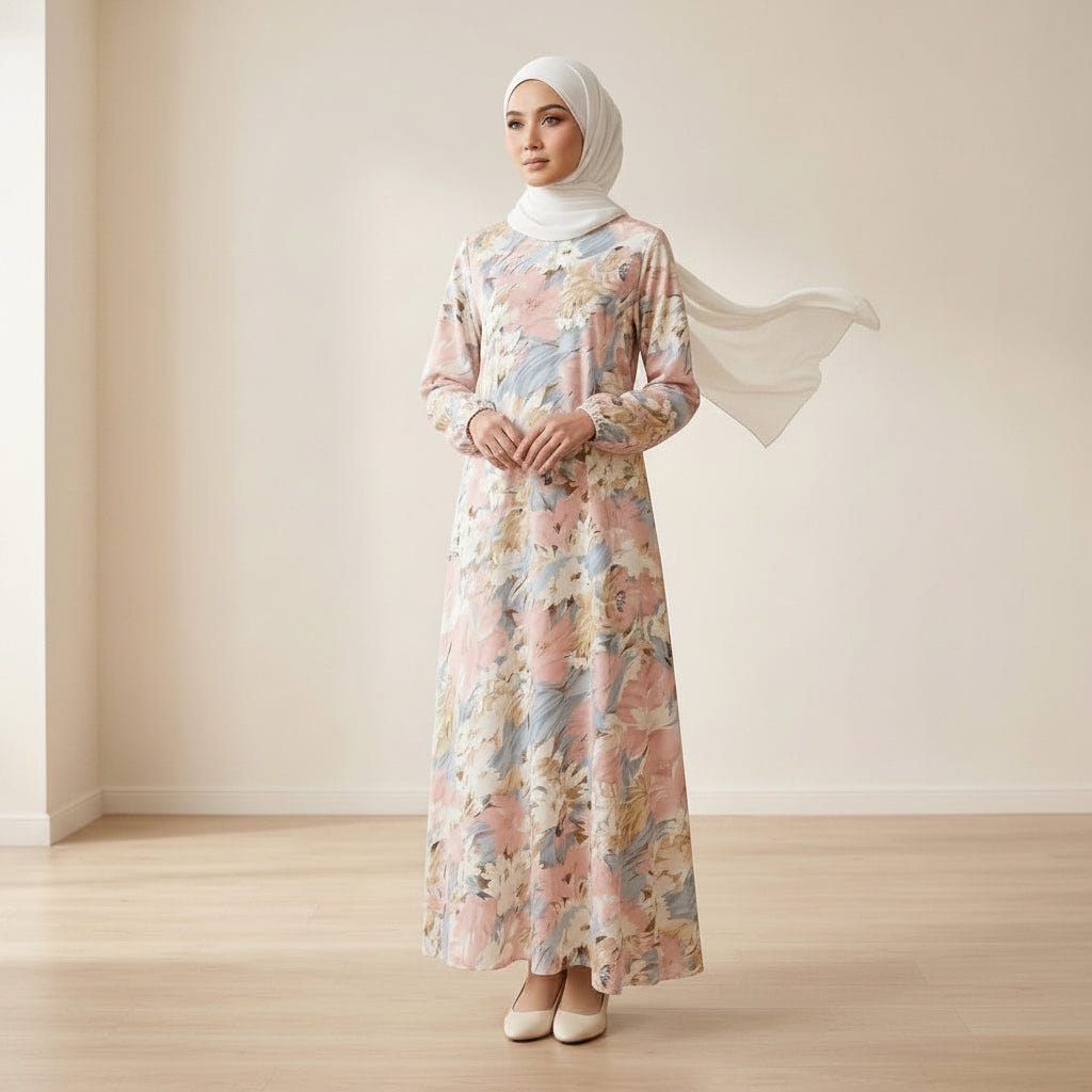 Naaseerah Modest Abaya Floral Print (Pastel Pink)