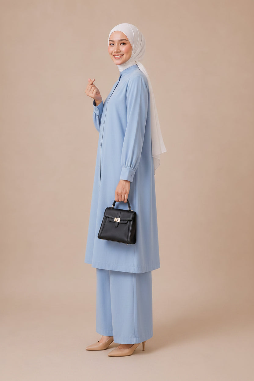 Noor Modest Cotton Linen 2 Pieces Long Co-Ord Set ( Sky Blue)