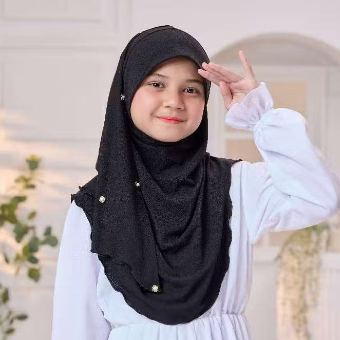 Noor Instant Ironless Kids Hijab with pearl and elastic chin (M size) Black