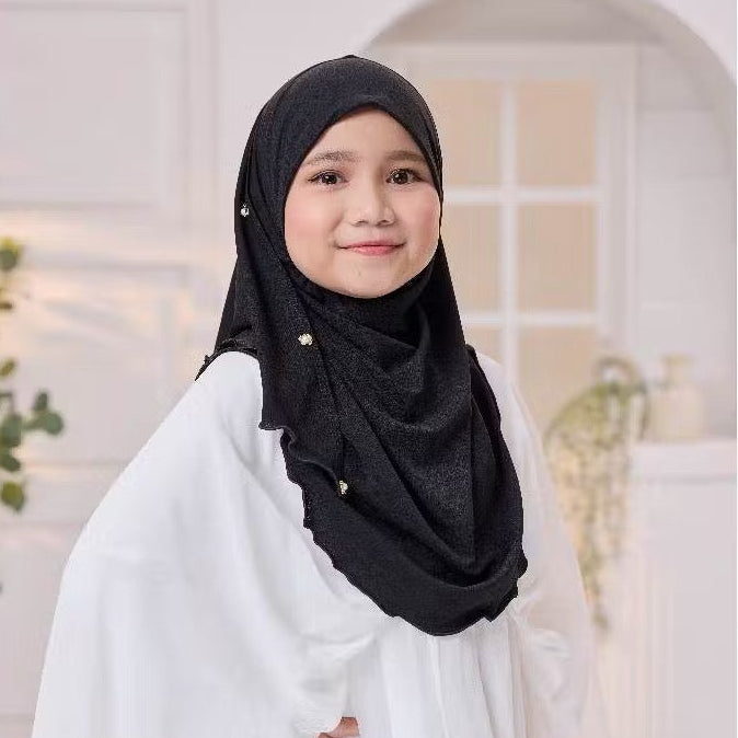 Noor Instant Ironless Kids Hijab with pearl and elastic chin (S size) Black