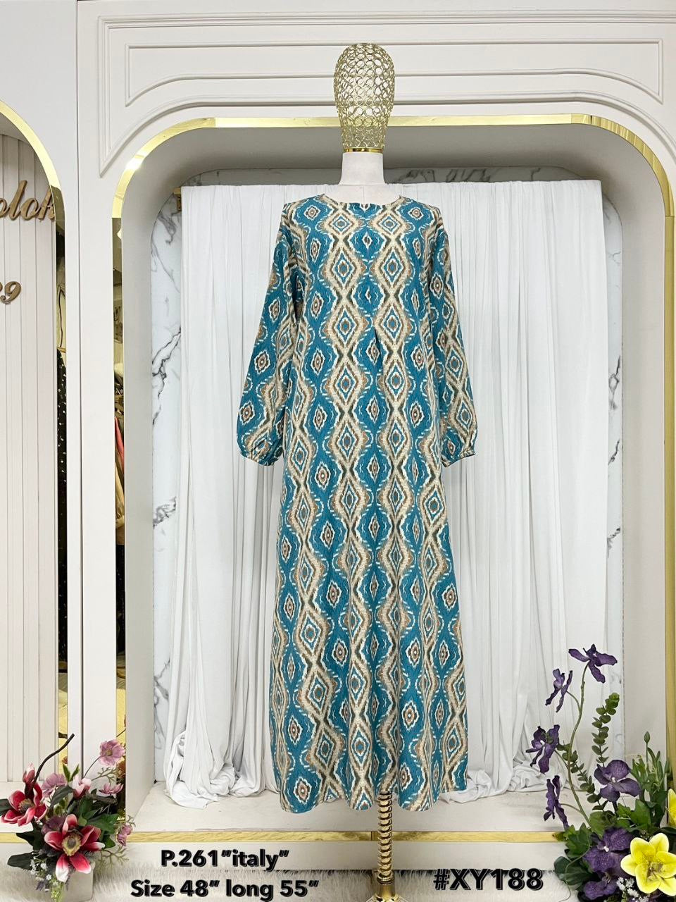 Yaafa Modest Abaya Malaysian Batik Print with front zipper (Cyan)