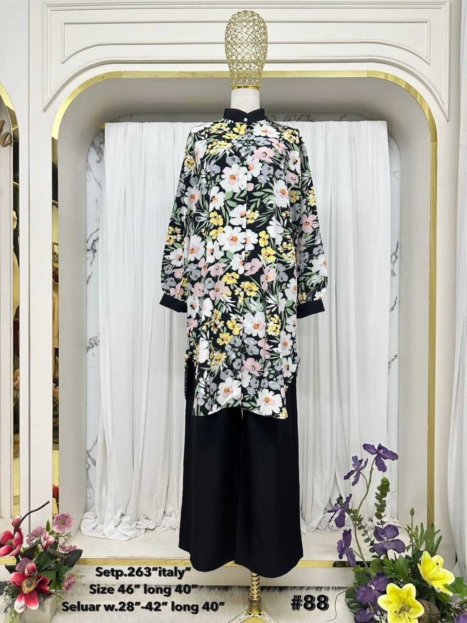 Beesan Medium Length Women's Modest Italy Crepe 2 Piece Suit | Floral Print Co-Ord Set for Work & Casual Wear (Black)