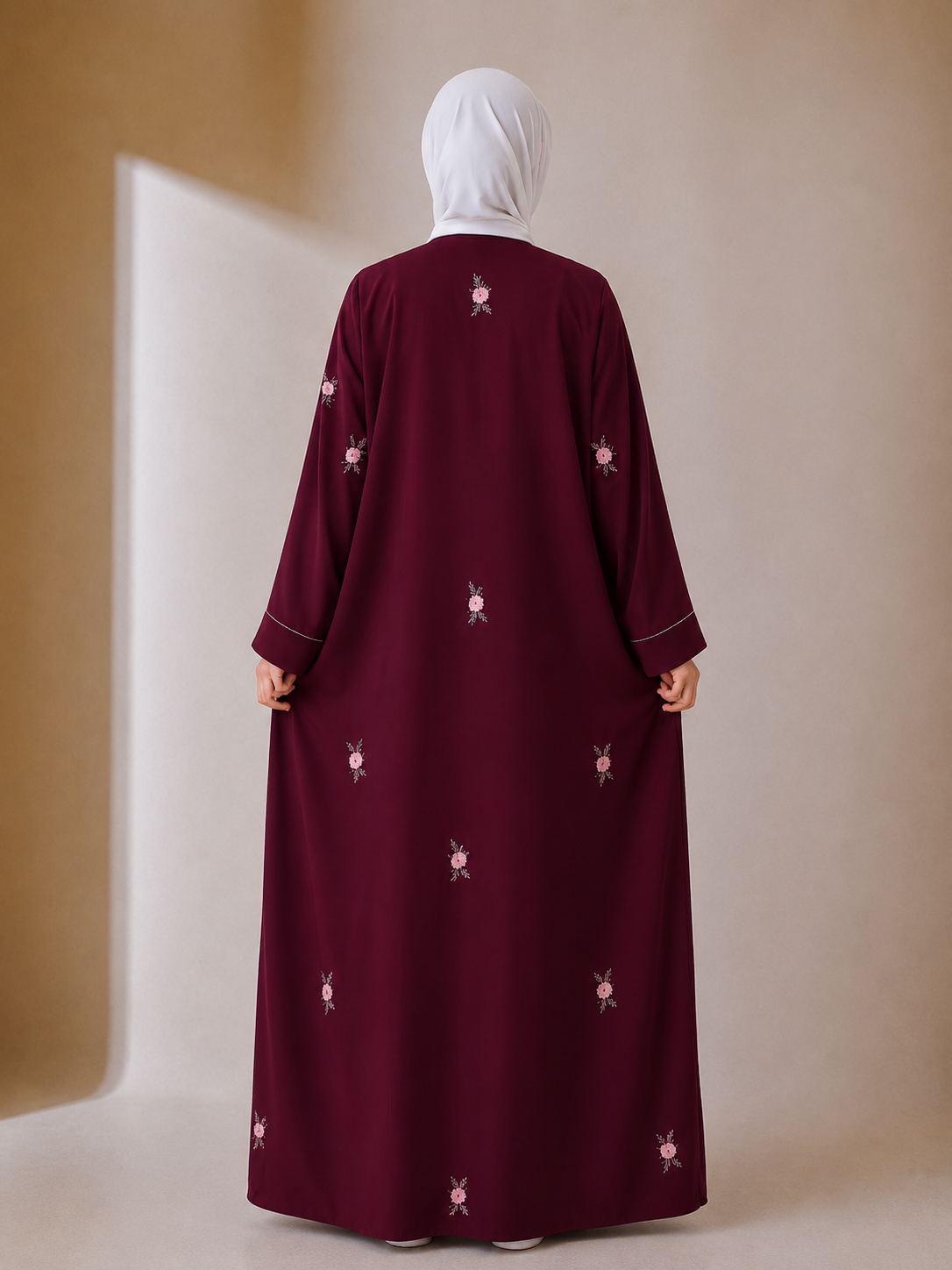 Islamic Modest Floral Embroidered Zip Front open Abaya for Women with beadworks - Maroon
