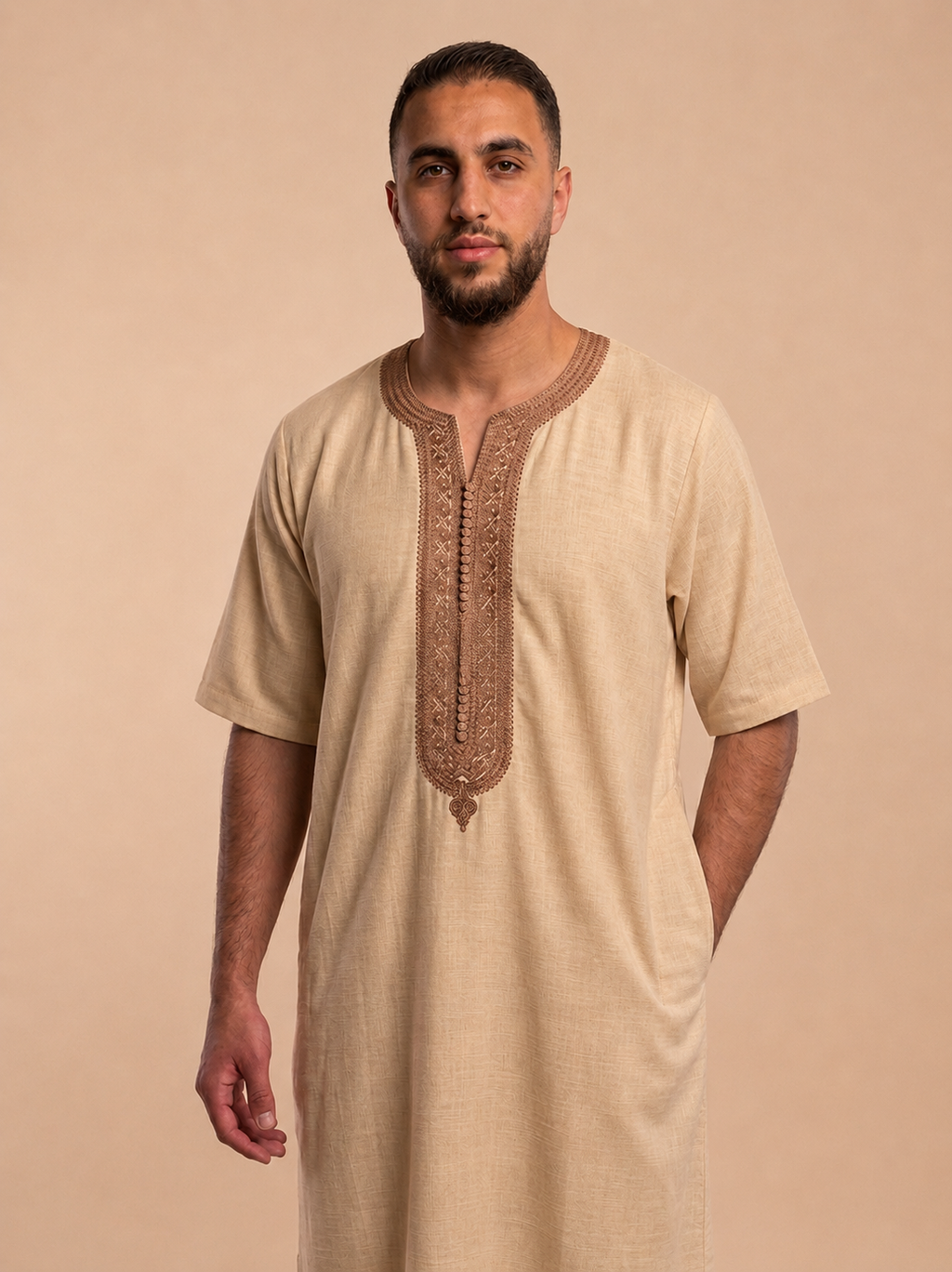 Men thobe maghribi style Morocco Jallabiya – 100% Cotton short sleeve Light brown