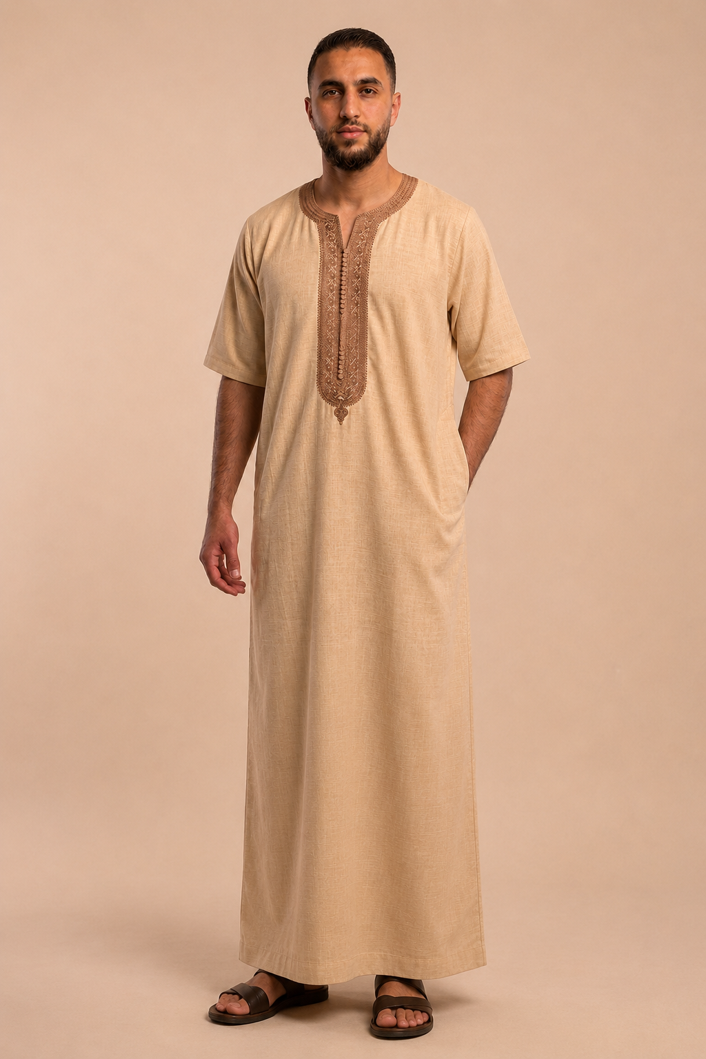 Men thobe maghribi style Morocco Jallabiya – 100% Cotton short sleeve Light brown