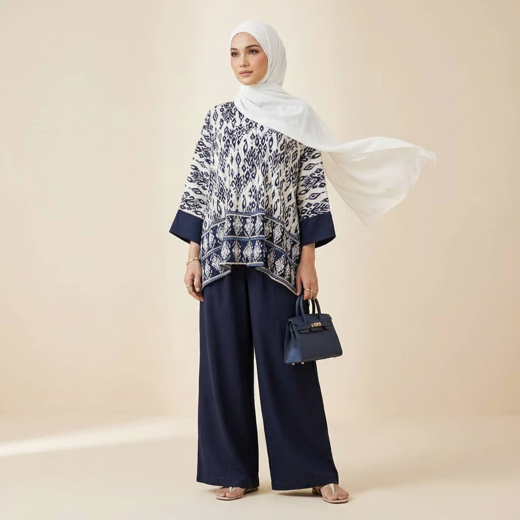 A woman modeling a navy and white patterned two-piece outfit with wide-leg trousers, a white hijab, and a navy handbag against a beige studio background. Text in the lower right reads 'SET P.