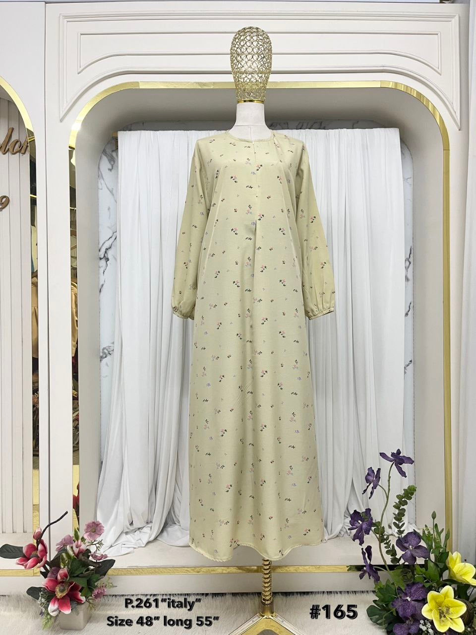 Jenin Modest Abaya Floral Print with front zipper Italian crepe (Pastel Yellow)