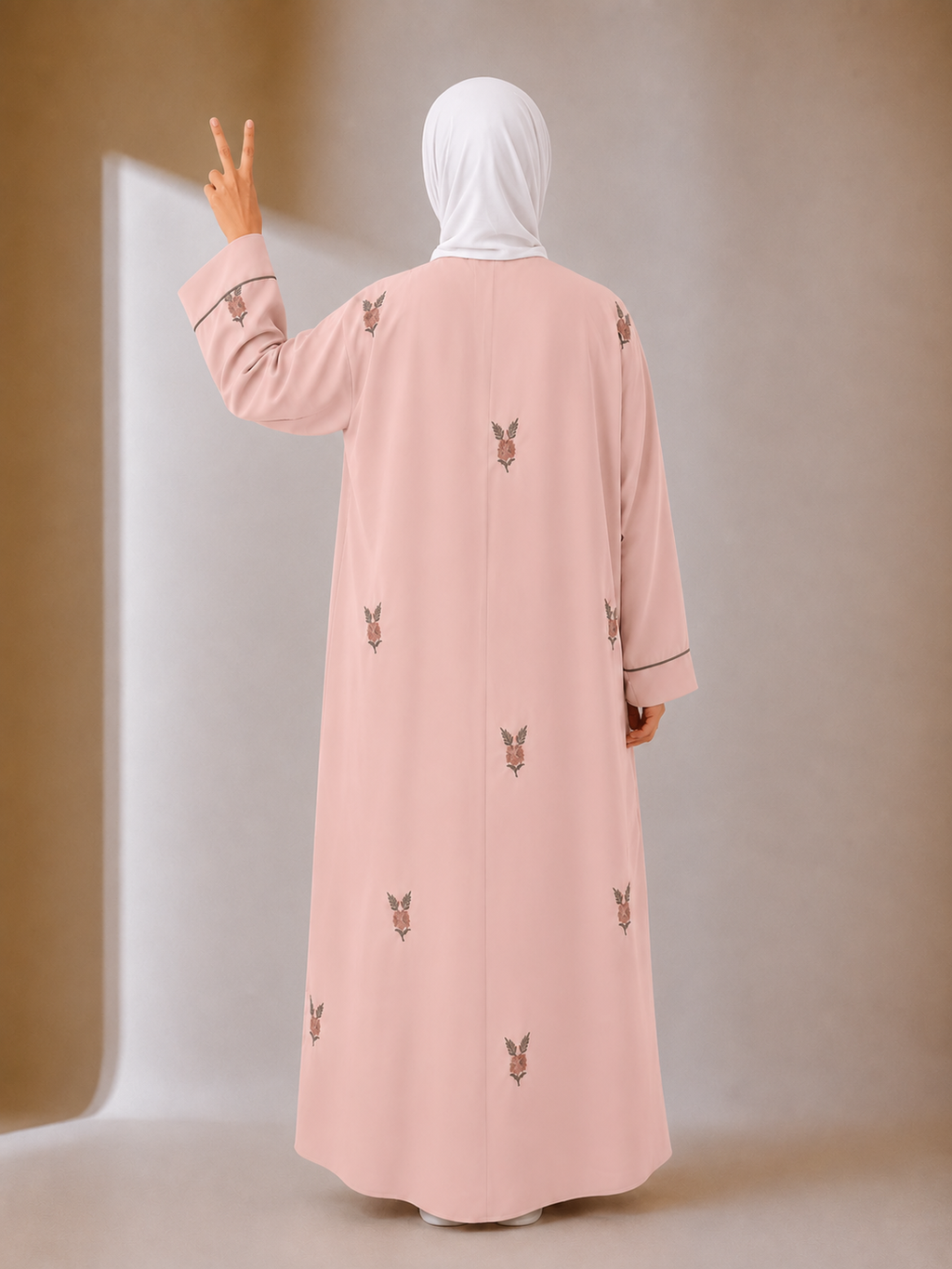Islamic Modest Floral Embroidered Zip Front open Abaya for Women with beadworks - Peach