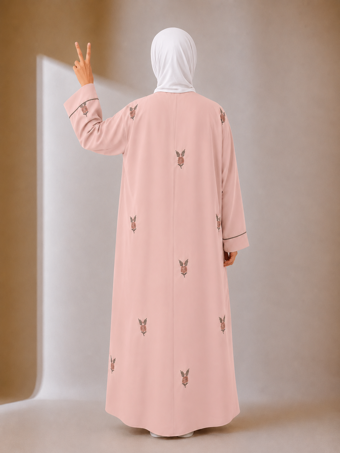 Islamic Modest Floral Embroidered Zip Front open Abaya for Women with beadworks - Peach