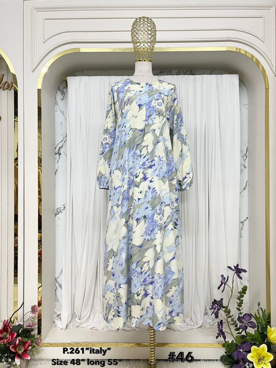 Naaseerah Modest Abaya Floral Print with front zipper (Pastel Blue)