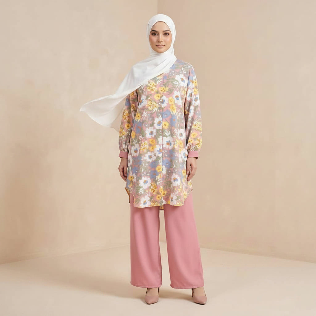 Beesan Medium Length Women's Modest Italy Crepe 2 Piece Suit | Floral Print Co-Ord Set for Work & Casual Wear (Light pink)