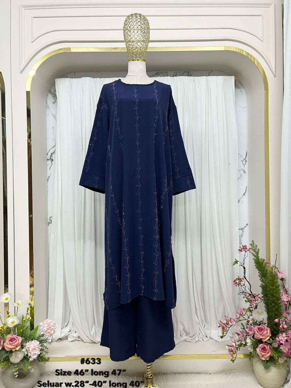 Yumna Women's Long Length 2 Piece Co-Ord Set with Beadwork (Navy Blue)