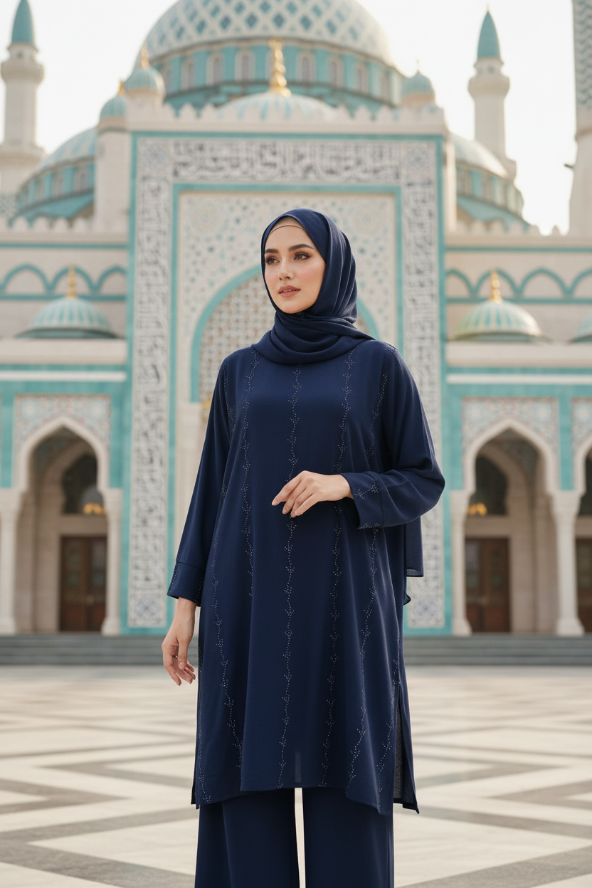 Yumna Women's Long Length 2 Piece Co-Ord Set with Beadwork (Navy Blue)