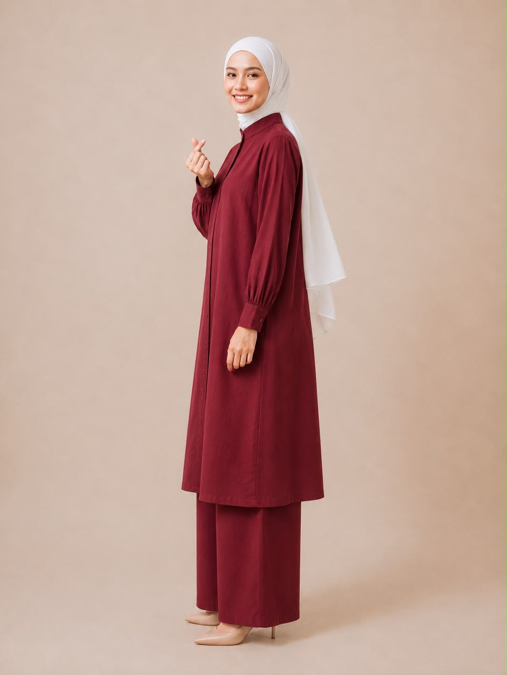 Noor Modest Cotton Linen 2 Pieces Long Co-Ord Set ( Burgundy)