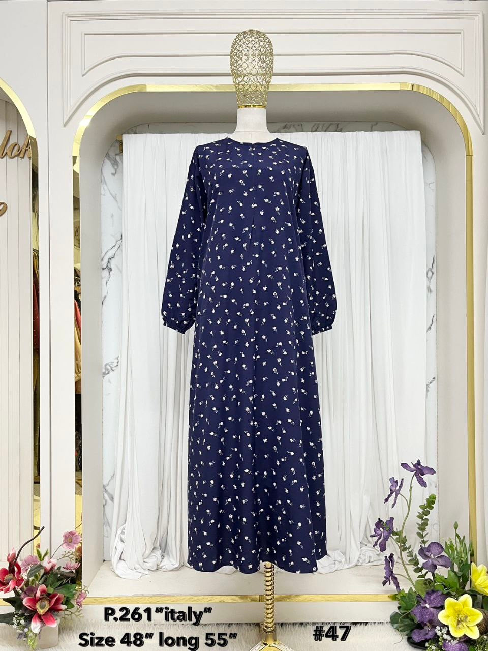 Jenin Modest Abaya Floral Print with front zipper Italian crepe (Navy Blue)