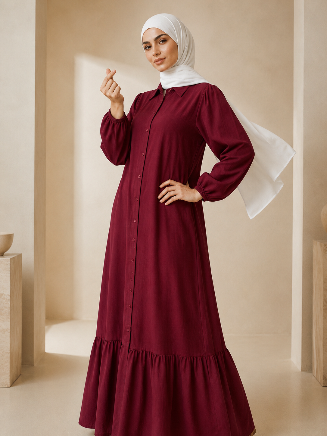 Hayfa Buttoned Premium Modest Cotton Linen Dress Breathable Long Sleeve Loose Fit Maxi Dress Maroon