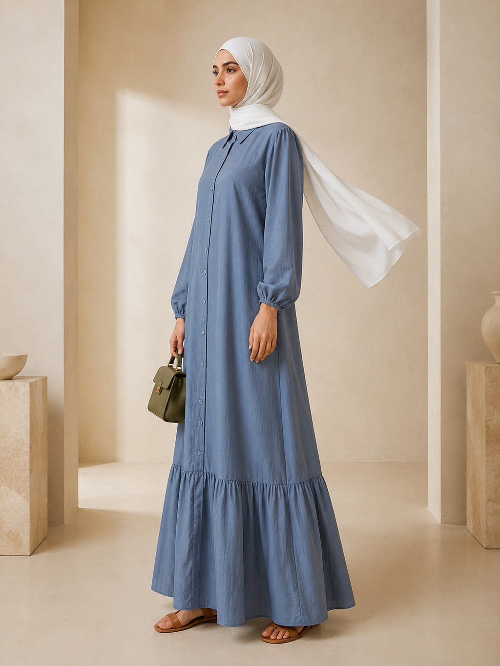 Hayfa Buttoned Premium Modest Cotton Linen Dress Breathable Long Sleeve Loose Fit Maxi Dress Sky Blue