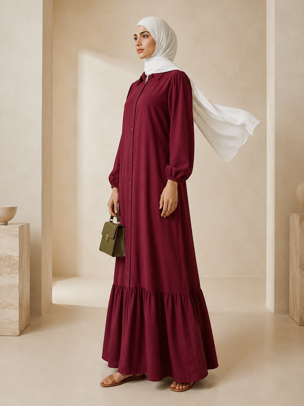 Hayfa Buttoned Premium Modest Cotton Linen Dress Breathable Long Sleeve Loose Fit Maxi Dress Maroon